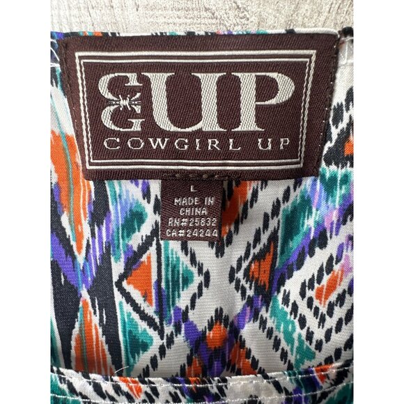 Cowgirl Up Womens Colorful Southwestern Aztec Print Blouse Large Blue Orange - Picture 4 of 7